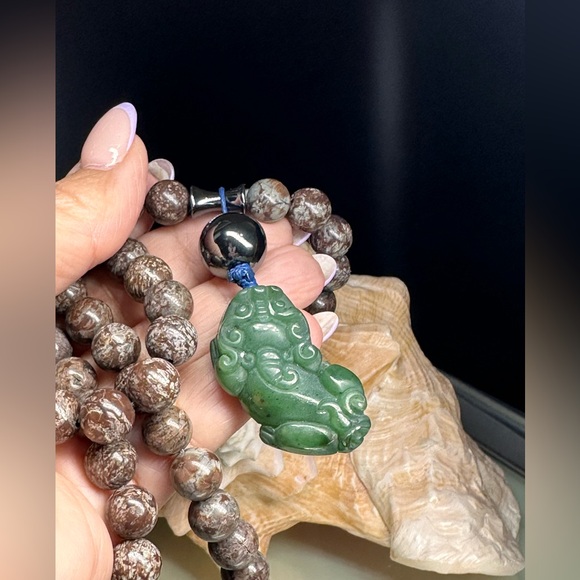 BROWN SNOWFLAKES OBSIDIAN + HEMATITE + PIXIU NATURAL NECKLACE - Picture 12 of 16